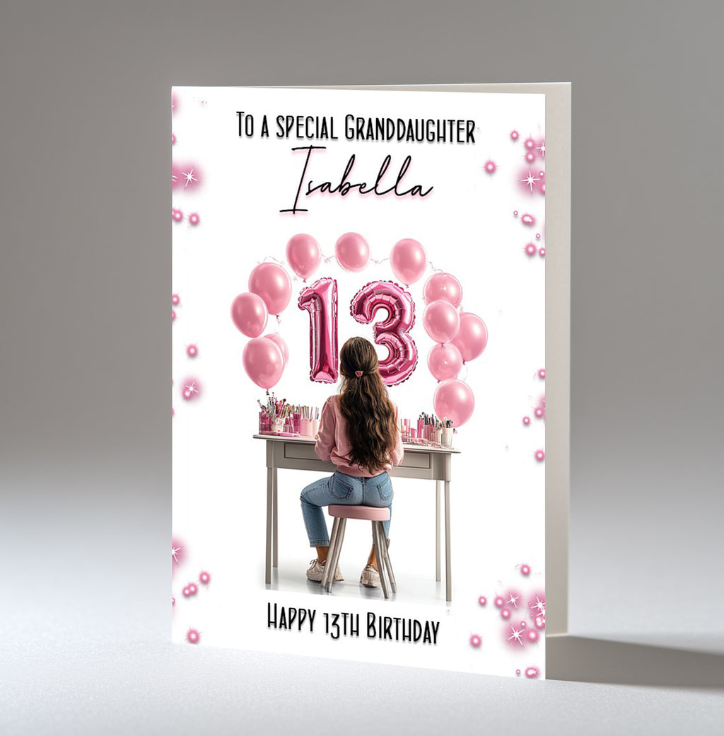 Personalised 13th Birthday Card - Girl at a Dressing Table with Number Lights