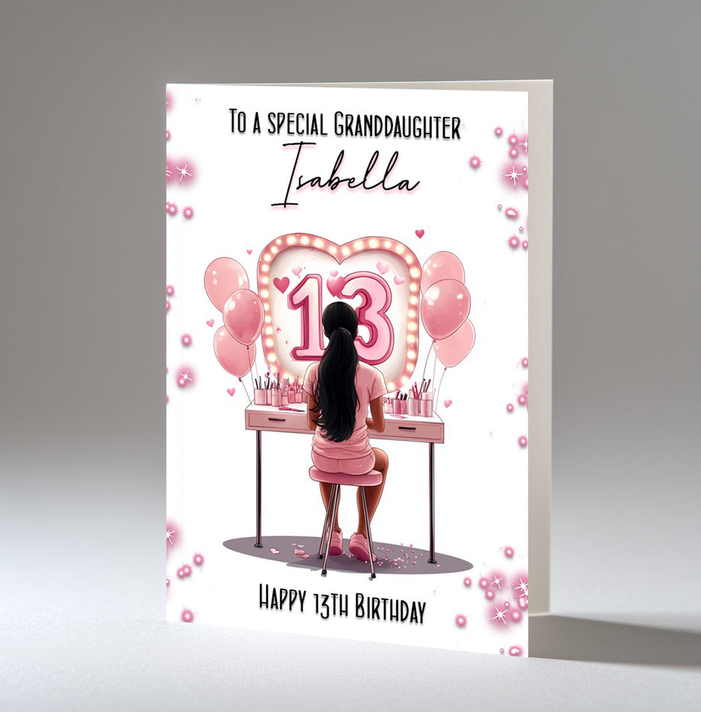 Personalised 13th Birthday Card - Girl at a Dressing Table with Number Lights