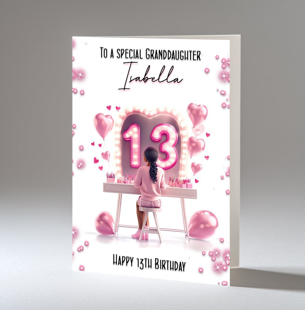 Personalised 13th Birthday Card - Girl at a Dressing Table with Number Lights