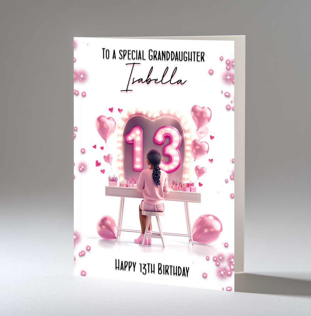 Personalised 13th Birthday Card - Girl at a Dressing Table with Number Lights