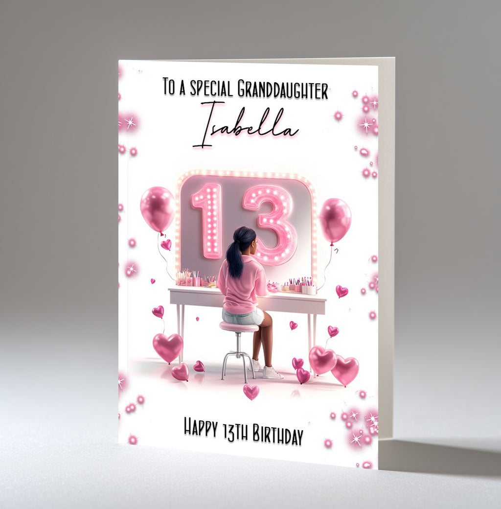 Personalised 13th Birthday Card - Girl at a Dressing Table with Number Lights