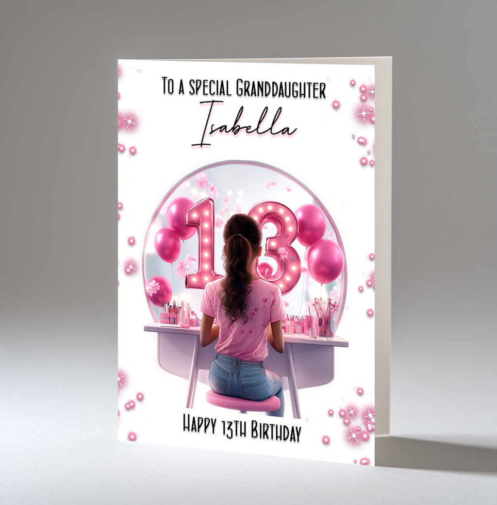 Personalised 13th Birthday Card - Girl at a Dressing Table with Number Lights