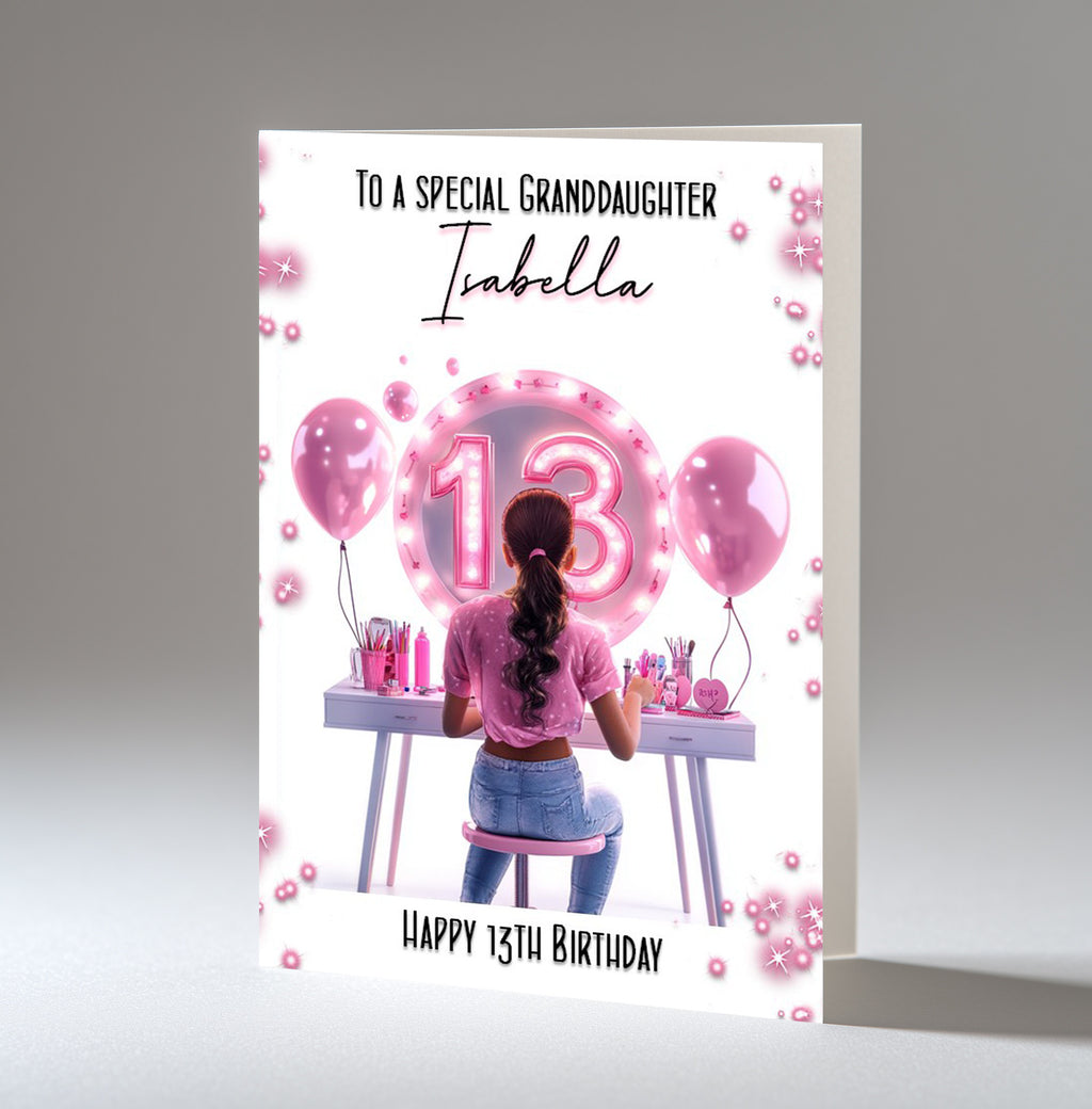 Personalised 13th Birthday Card - Girl at a Dressing Table with Number Lights