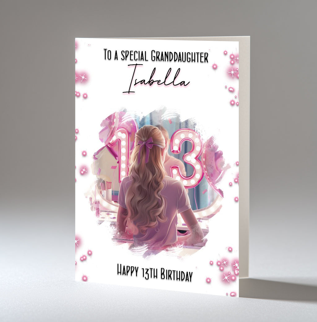 Personalised 13th Birthday Card - Girl at a Dressing Table with Number Lights