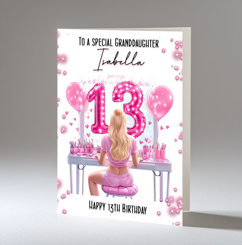 Personalised 13th Birthday Card - Girl at a Dressing Table with Number Lights