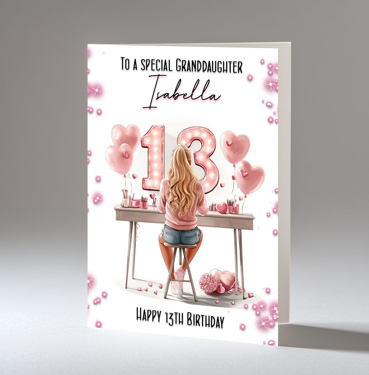 Personalised 13th Birthday Card - Girl at a Dressing Table with Number Lights