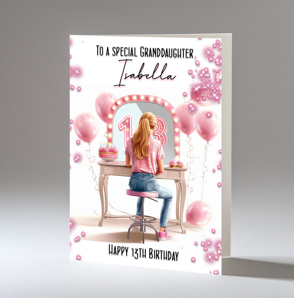 Personalised 13th Birthday Card - Girl at a Dressing Table with Number Lights