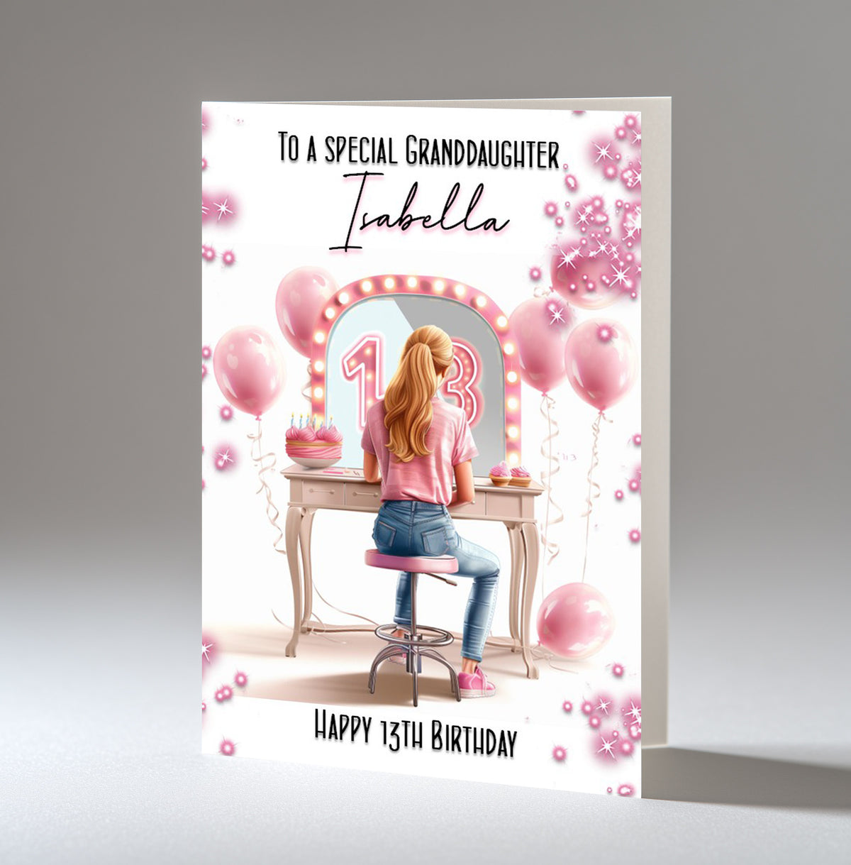 Personalised 13th Birthday Card - Girl at a Dressing Table with Number Lights