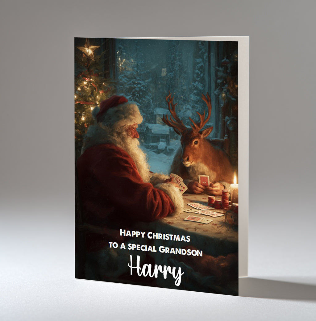 Personalised Christmas Card For Grandson, Son, Nephew, Brother, Friend, Santa and Rudolph Playing Poker