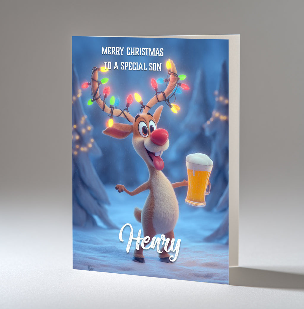 Personalised Christmas Card - Reindeer with Christmas Lights and Beer