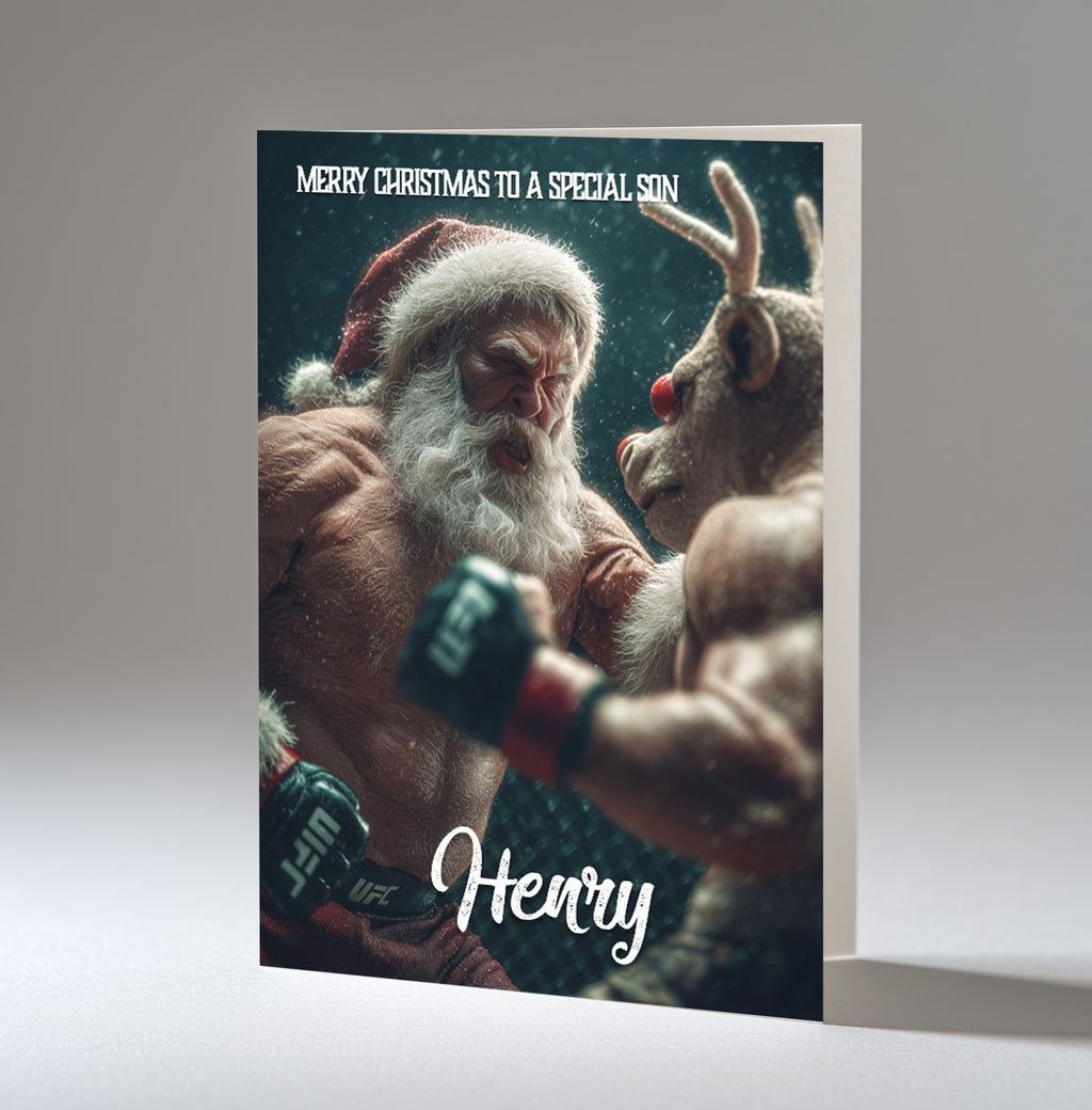 Personalised Christmas Card For Grandson, Son, Nephew, Brother, Friend, Santa and Rudolph Fighting MMA UFC