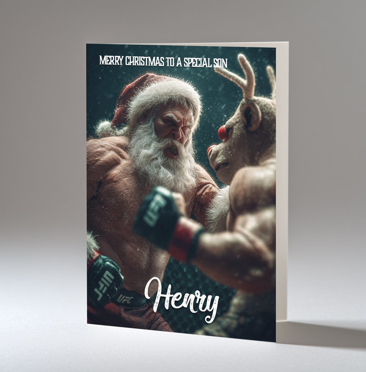 Personalised Christmas Card For Grandson, Son, Nephew, Brother, Friend, Santa and Rudolph Fighting MMA UFC