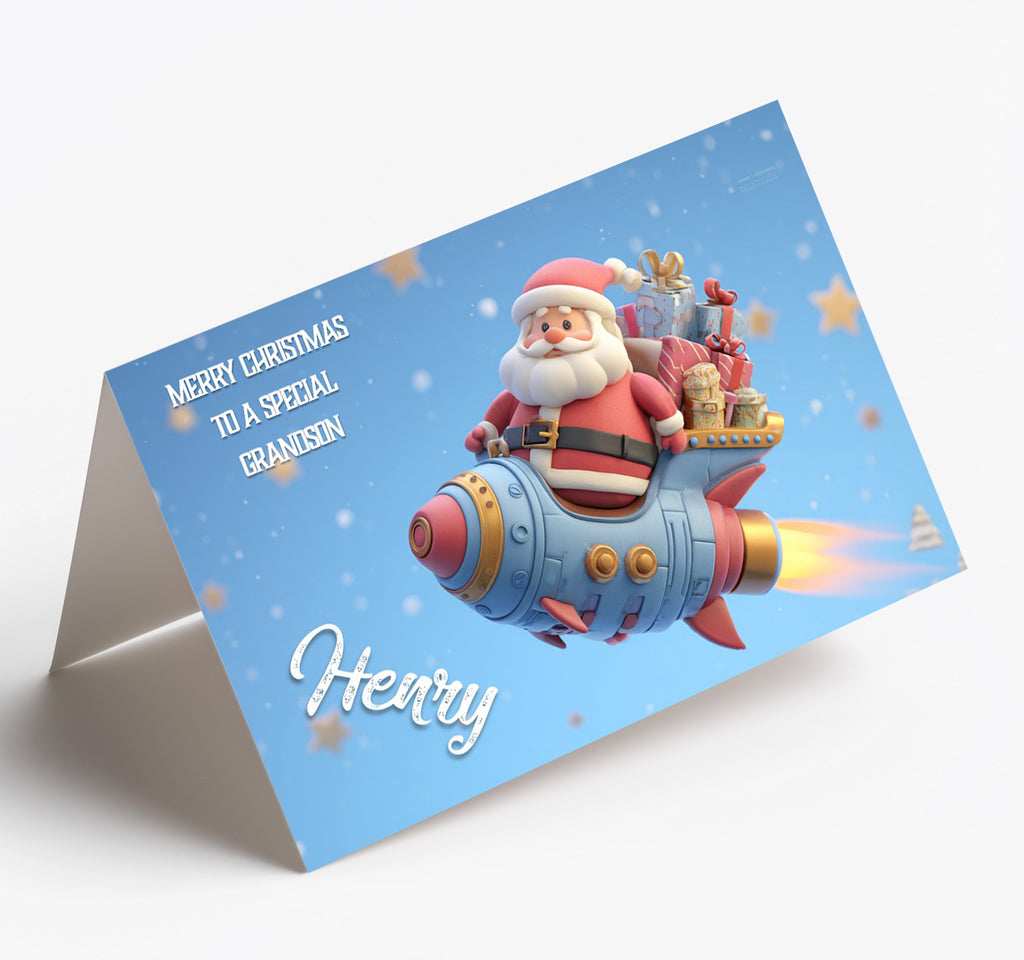 Personalised Christmas Card For Grandson, Granddaughter, Son, Daughter, Nephew, Niece, Brother, Friend, Rocket Santa