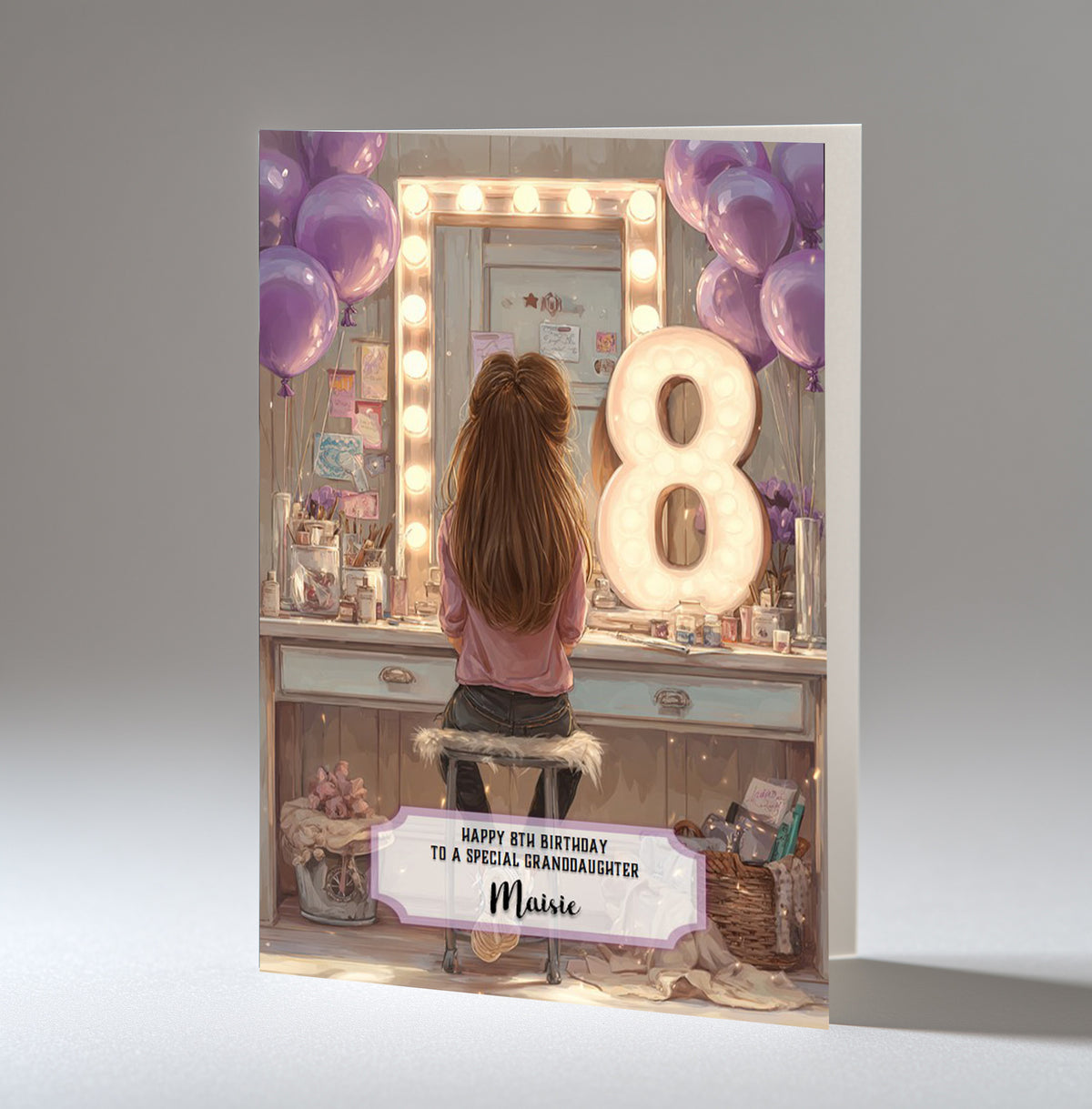 8th Birthday Card Girl, Granddaughter, Daughter, Niece, Brown Hair A5 Size