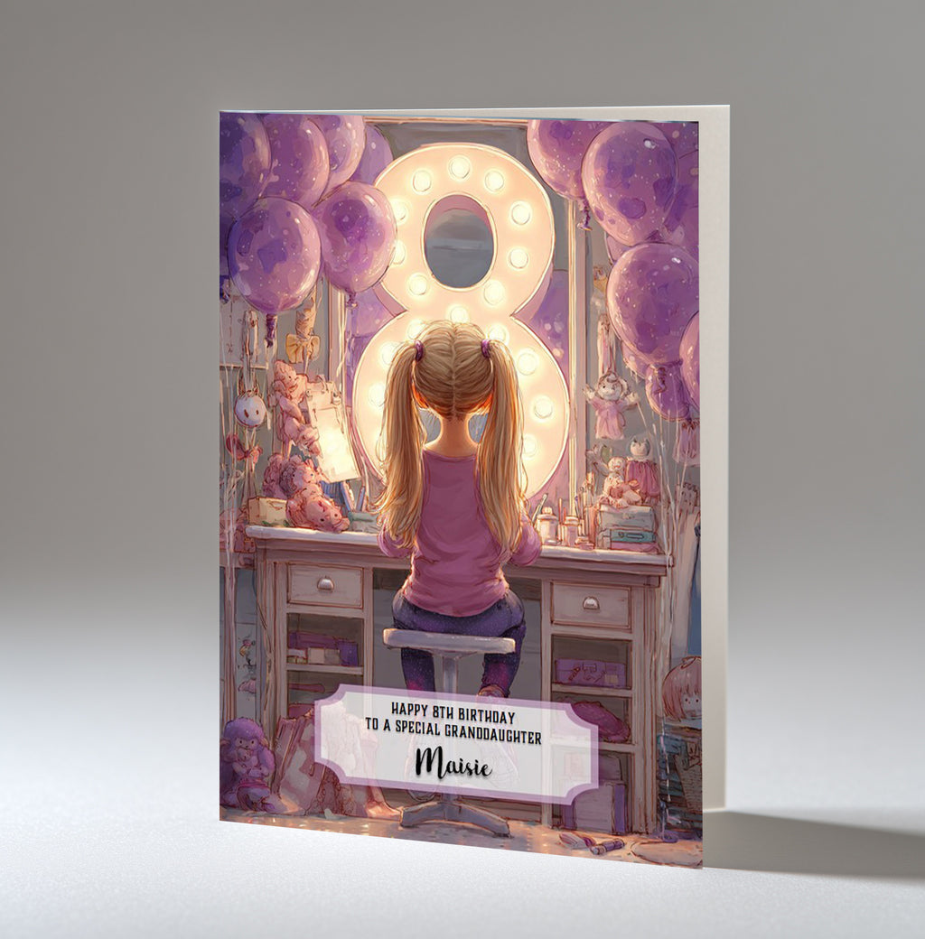 8th Birthday Card For Girls, Granddaughter, Niece, Daughter, Friend, Teenager, Personalised, Dressing Table, Blonde Hair, A5 in size,