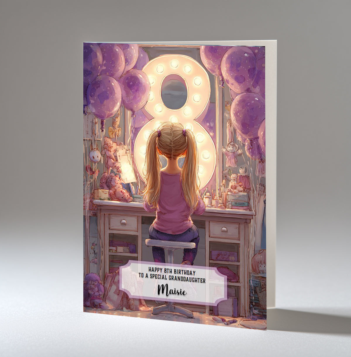 8th Birthday Card For Girls, Granddaughter, Niece, Daughter, Friend, Teenager, Personalised, Dressing Table, Blonde Hair, A5 in size,