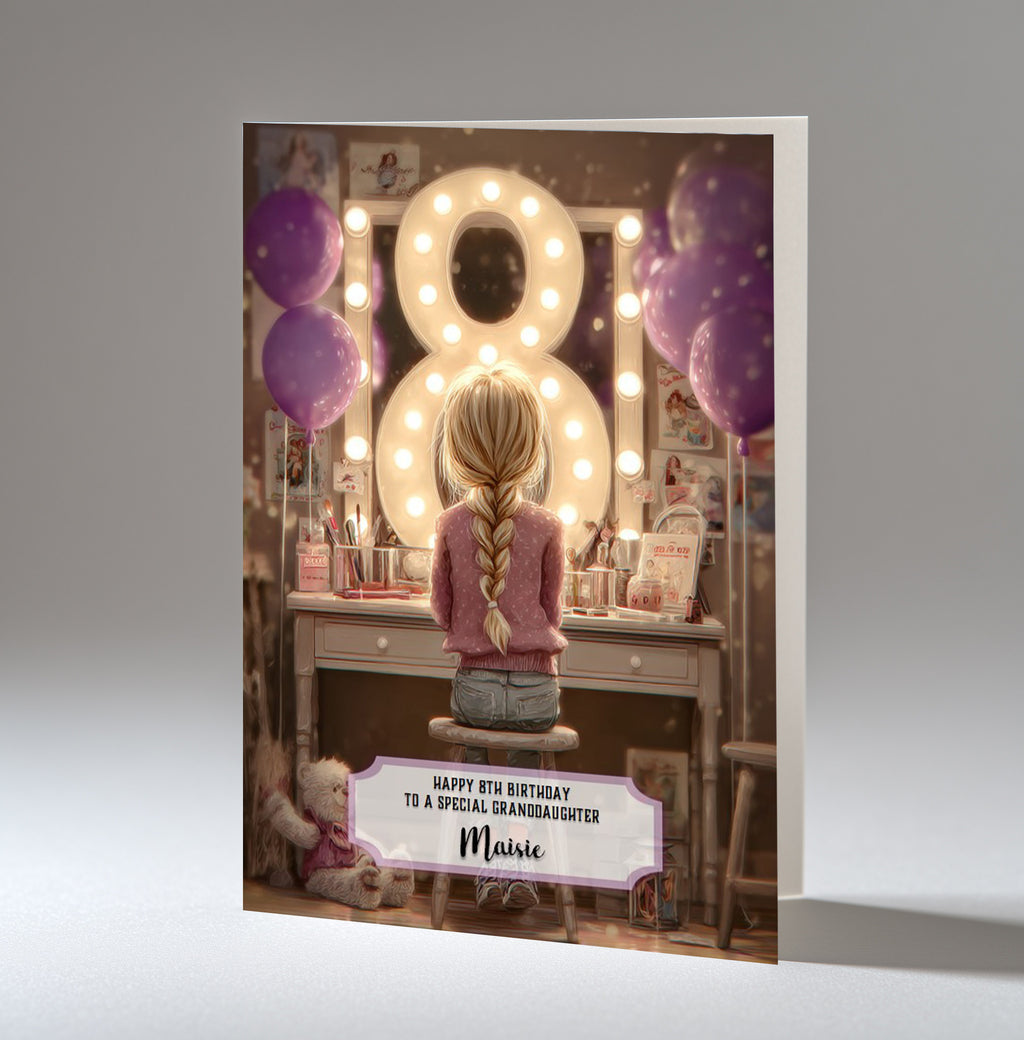 8th Birthday Card Girl, Granddaughter, Daughter, Niece, Blonde Hair A5 Size