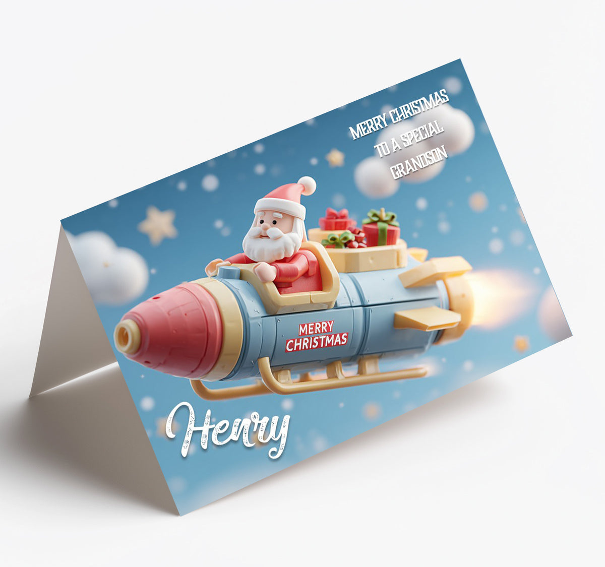 Personalised Christmas Card For Grandson, Granddaughter, Son, Daughter, Nephew, Niece, Brother, Friend, Rocket Santa