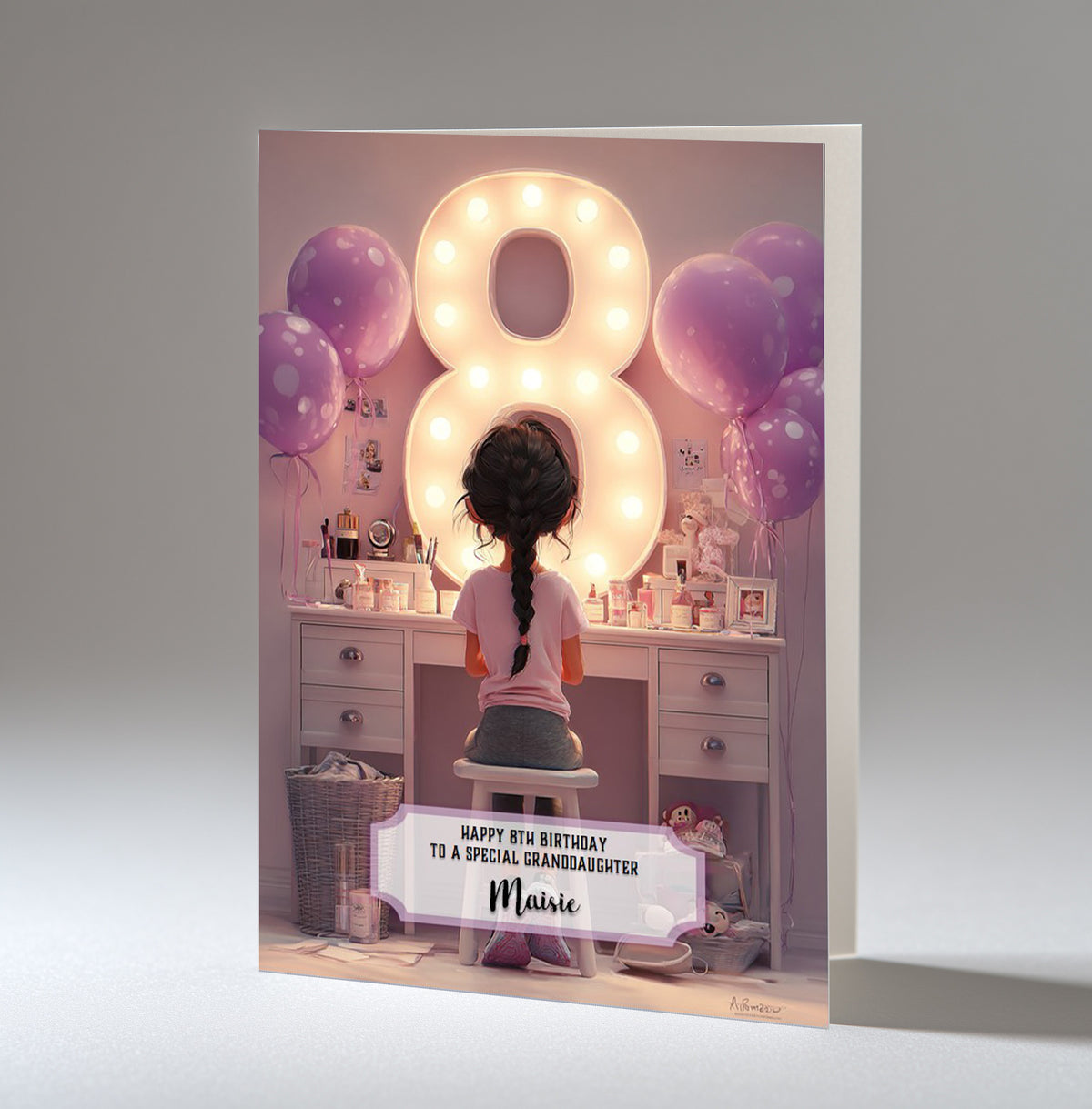 8th Birthday Card For Girls, Daughter, Granddaughter, Niece, Black Hair, A5 Size,