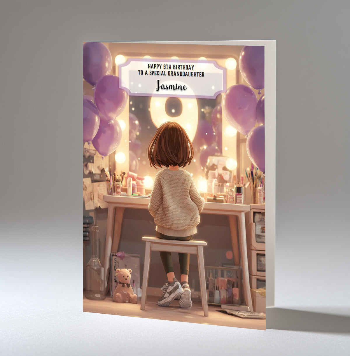 9th Birthday Card For Girls, Granddaughter, Niece, Daughter, Friend, Teenager, Personalised, Dressing Table, Brown Hair, A5 in size,