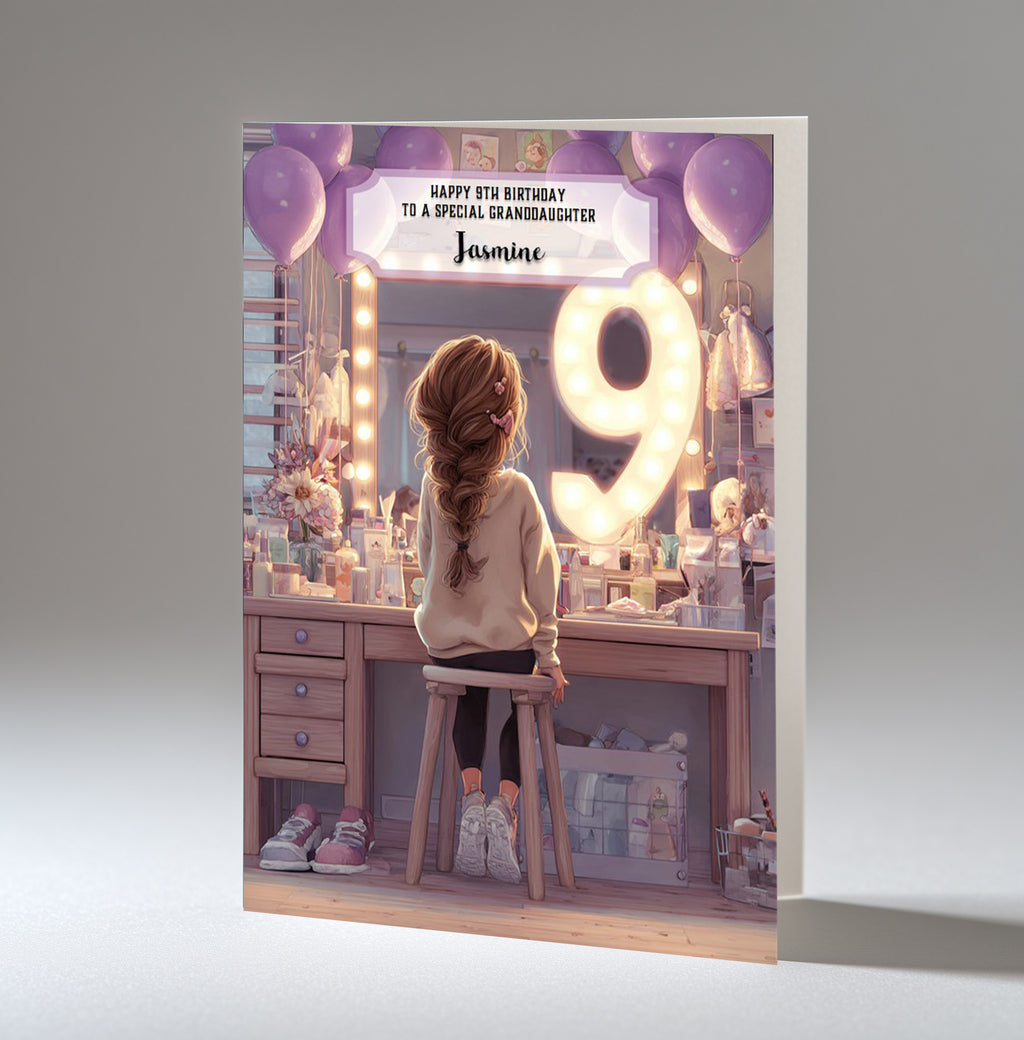 9th Birthday Card For Girls, Daughter, Granddaughter, Niece, Brown Hair, A5 Size,