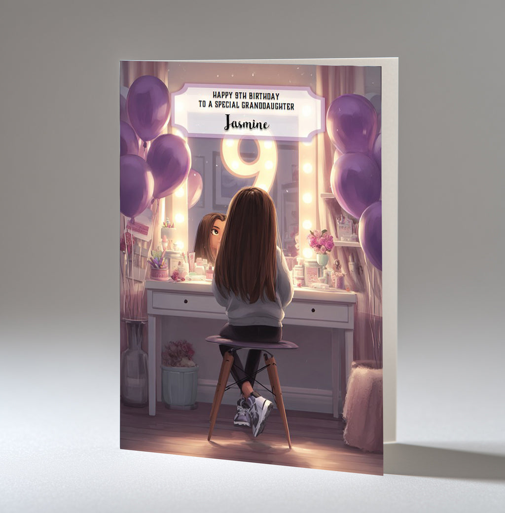 9th Birthday Card For Girls, Granddaughter, Niece, Daughter, Friend, Teenager, Personalised, Dressing Table, Brown Hair, A5 in size,