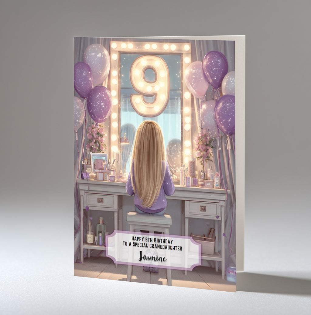 9th Birthday Card For Girls, Granddaughter, Niece, Daughter, Friend, Teenager, Personalised, Dressing Table, Blonde Hair, A5 in size,
