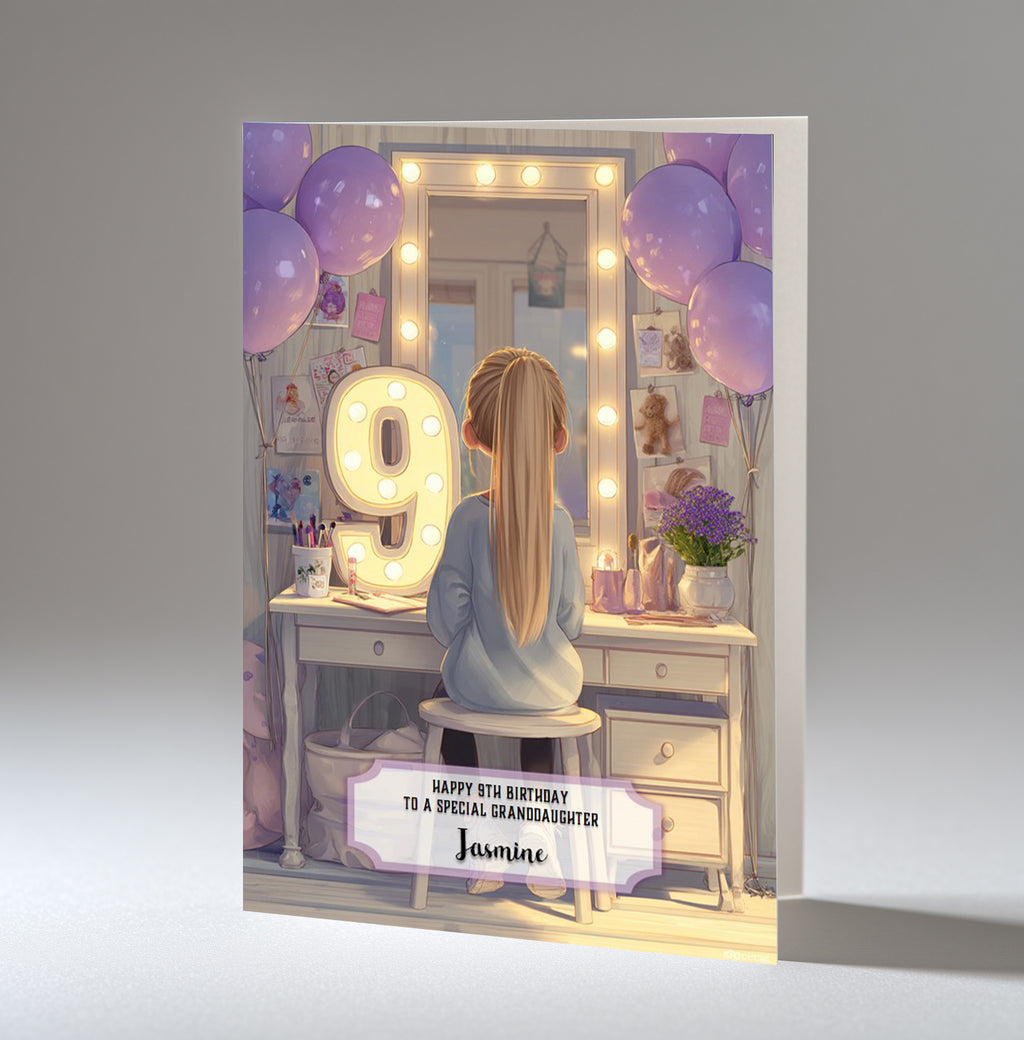 9th Birthday Card Girl, Granddaughter, Daughter, Niece, Blonde Hair A5 Size