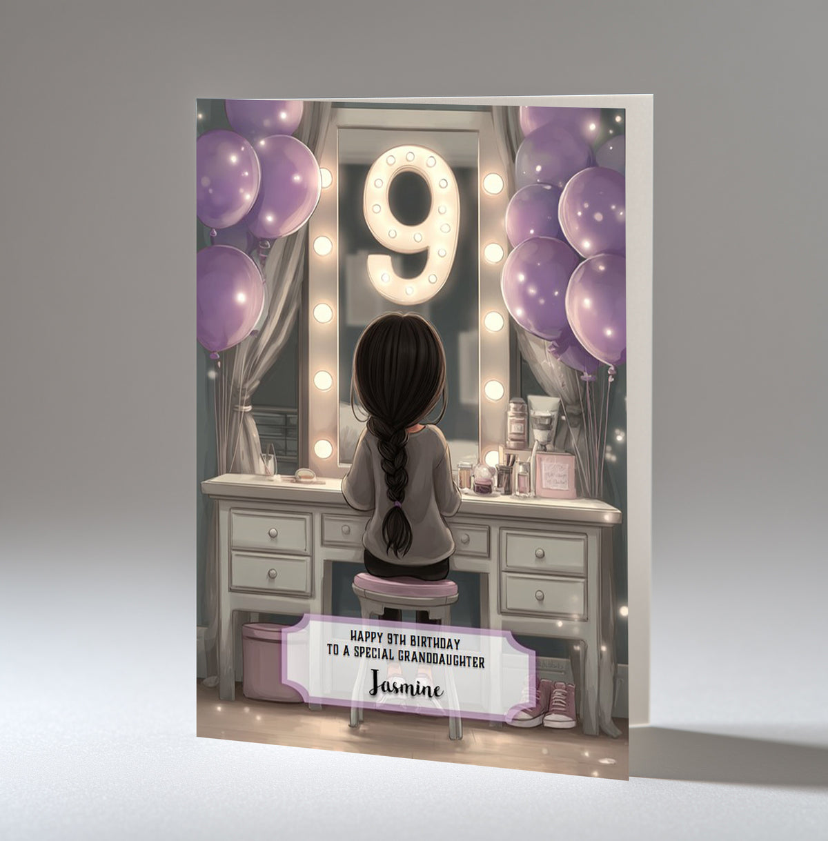 9th Birthday Card For Girls, Granddaughter, Niece, Daughter, Friend, Teenager, Personalised, Dressing Table, Black Hair, A5 in size,