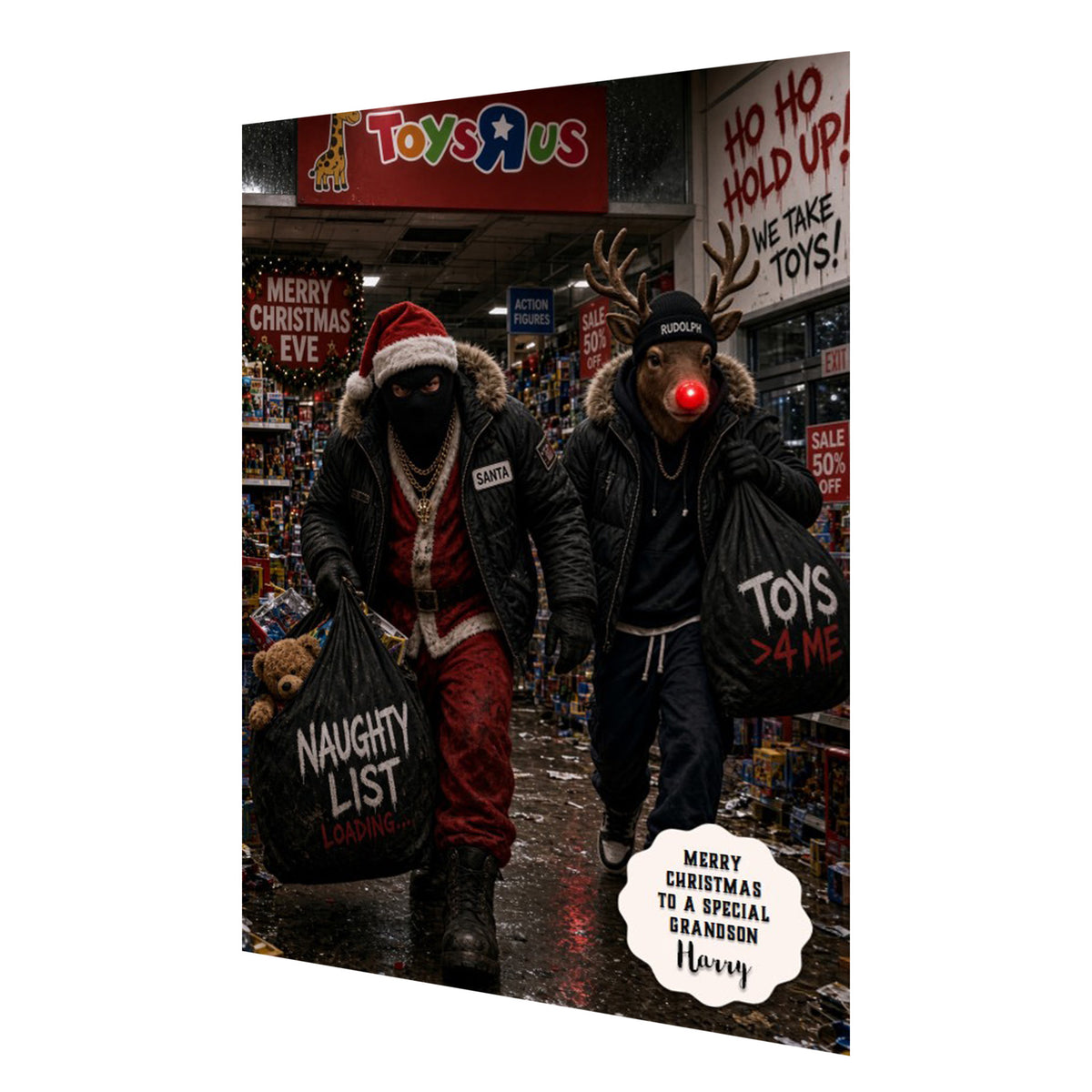 Personalised Christmas Card - Santa and Reindeer Outside a Toy Shop
