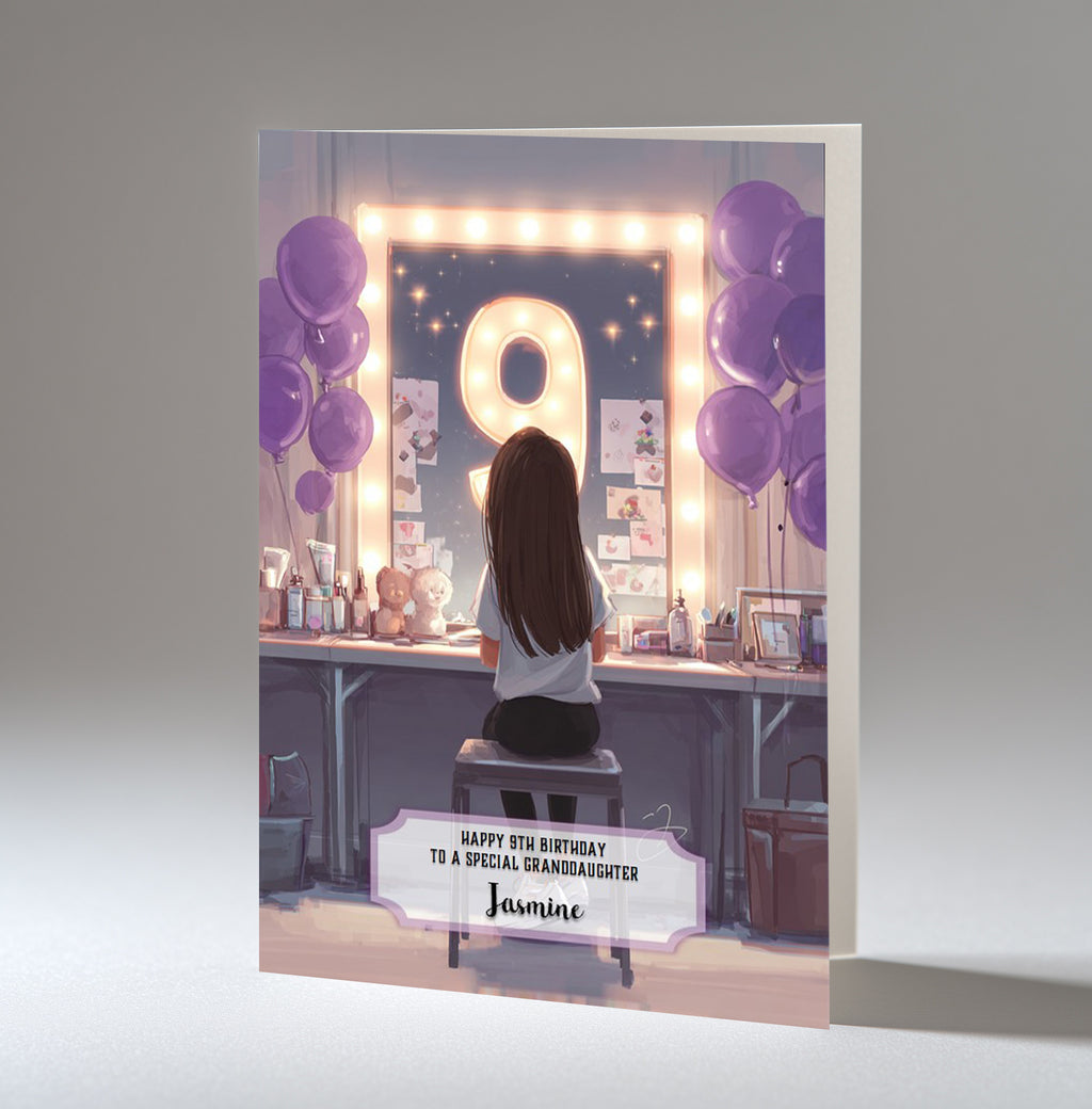 9th Birthday Card For Girls, Granddaughter, Niece, Daughter, Friend, Teenager, Personalised, Dressing Table, Black Hair, A5 in size,