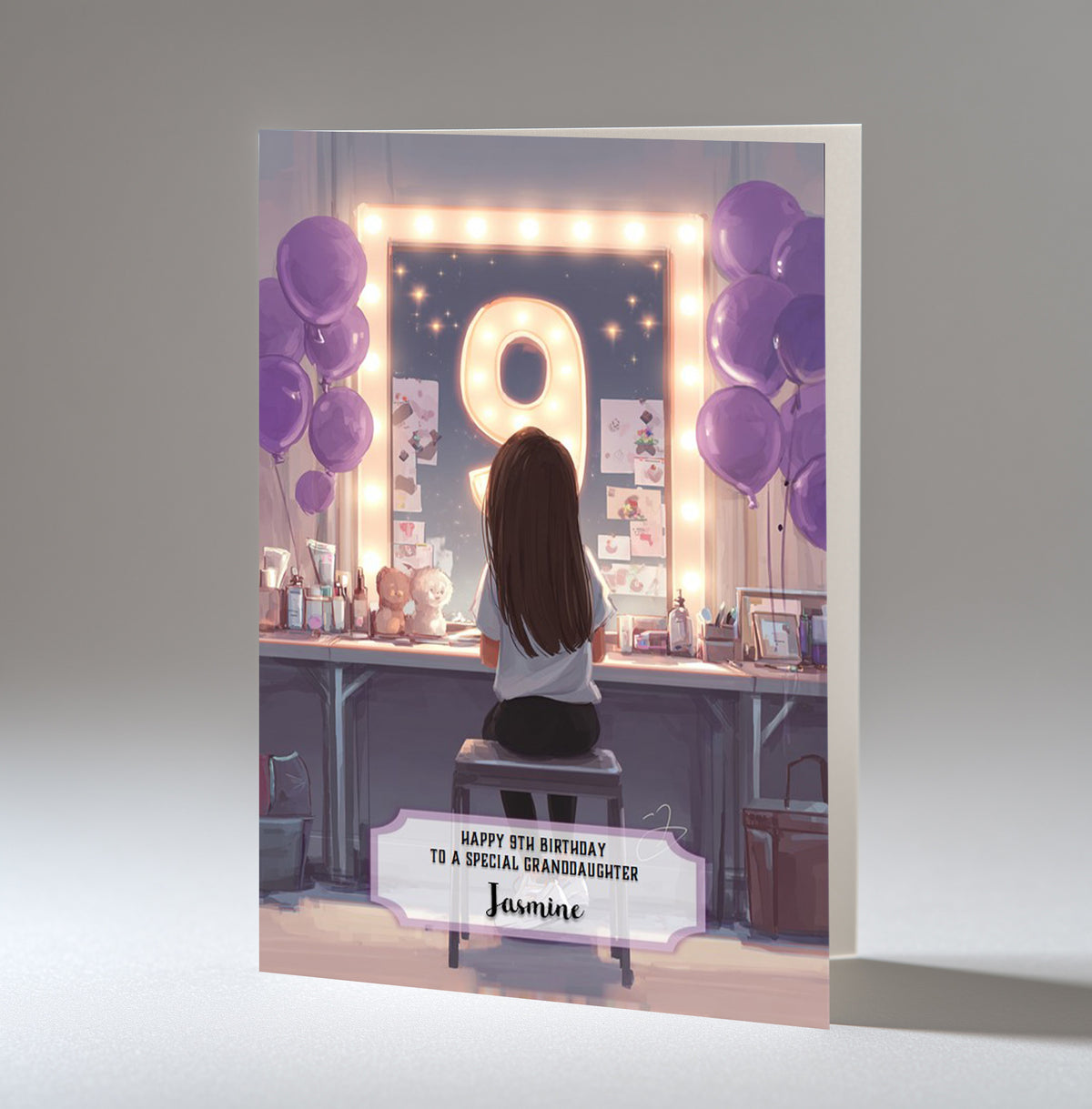9th Birthday Card For Girls, Granddaughter, Niece, Daughter, Friend, Teenager, Personalised, Dressing Table, Black Hair, A5 in size,
