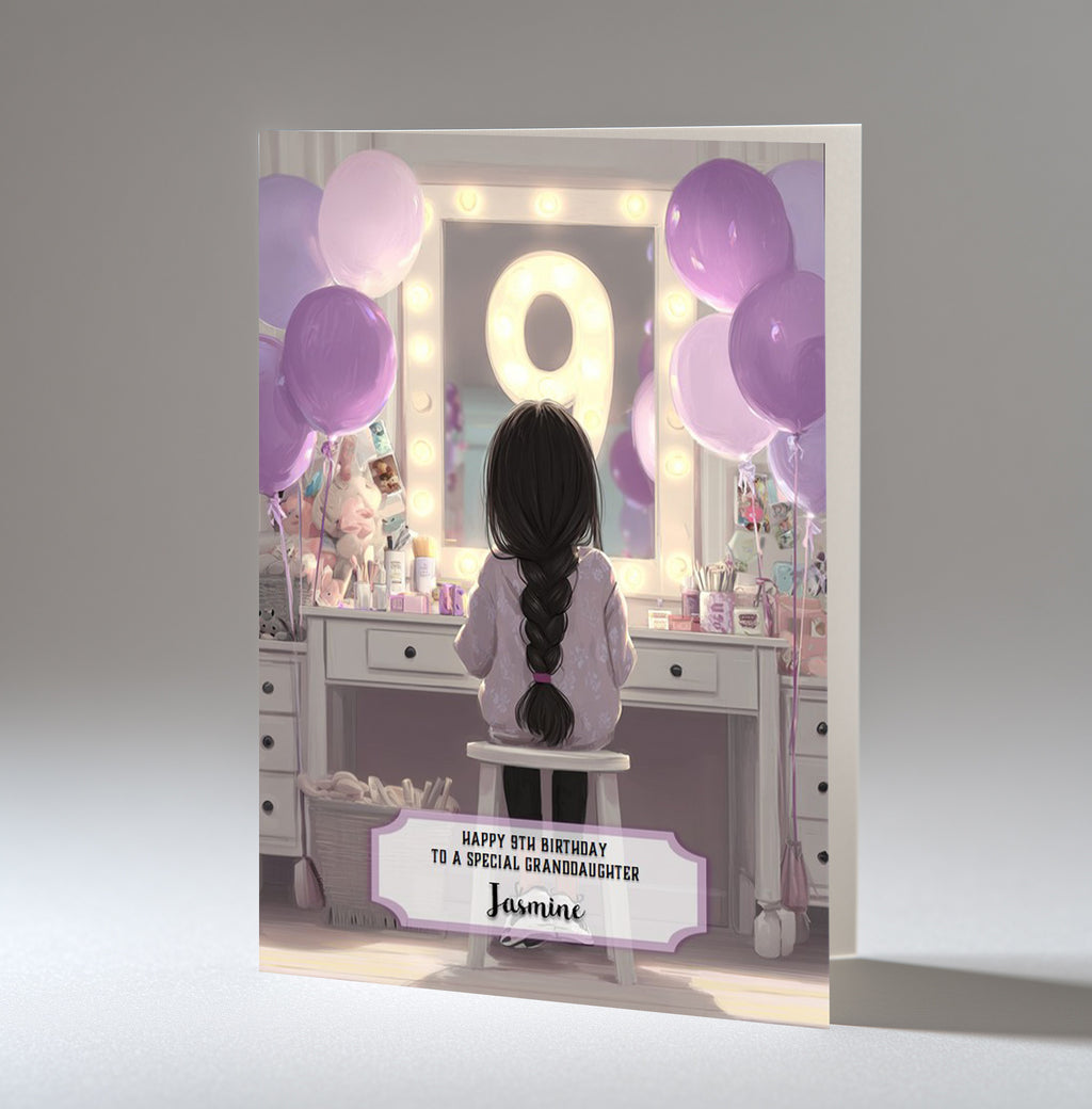 9th Birthday Card For Girls, Granddaughter, Niece, Daughter, Friend, Teenager, Personalised, Dressing Table, Black Hair, A5 in size,
