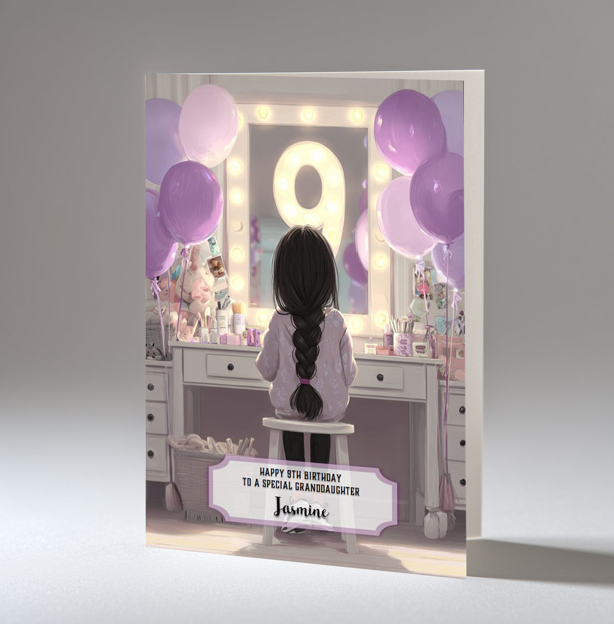 9th Birthday Card For Girls, Granddaughter, Niece, Daughter, Friend, Teenager, Personalised, Dressing Table, Black Hair, A5 in size,