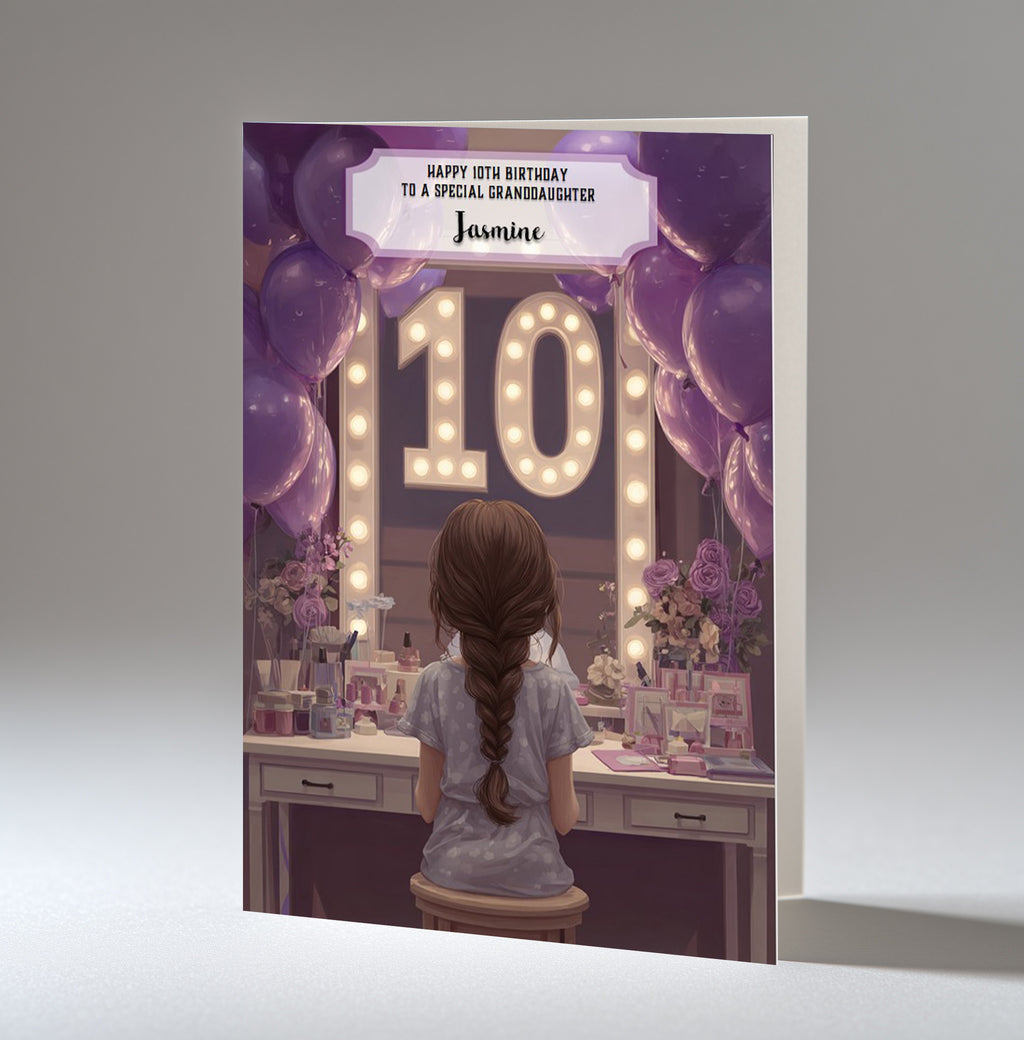10th Birthday Card Girl, Granddaughter, Daughter, Niece, Brown Hair A5 Size