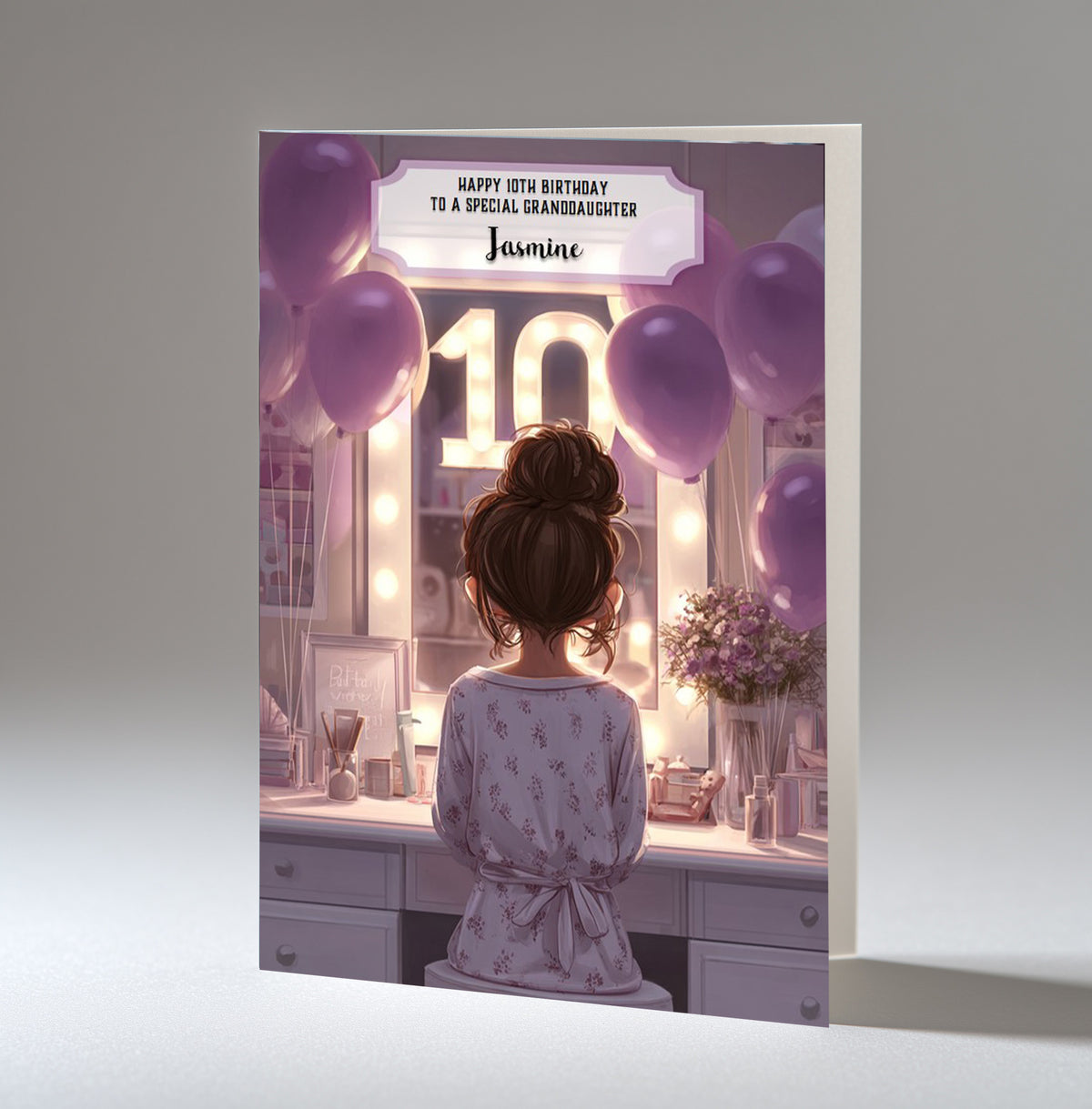 10th Birthday Card For Girls, Granddaughter, Niece, Daughter, Friend, Teenager, Personalised, Dressing Table, Brown Hair, A5 in size,