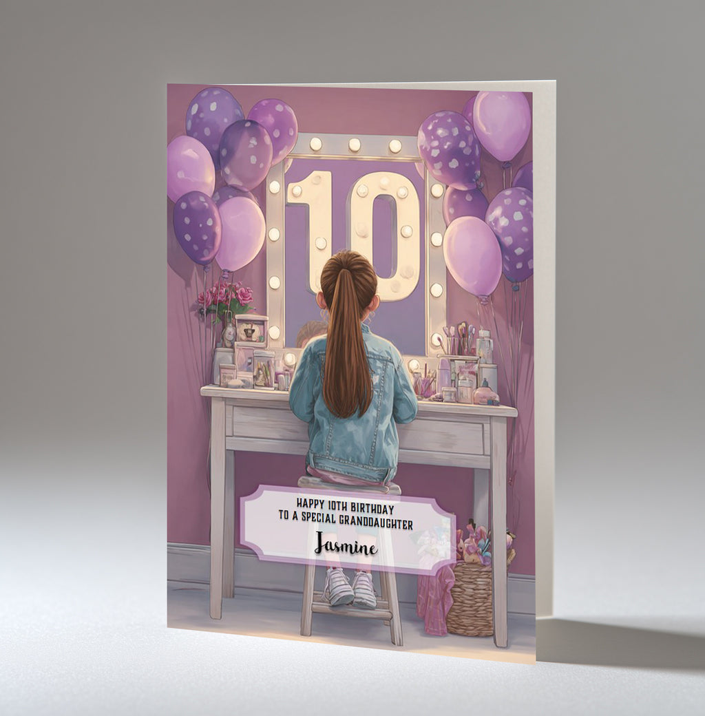 10th Birthday Card For Girls, Granddaughter, Niece, Daughter, Friend, Teenager, Personalised, Dressing Table, Brown Hair, A5 in size,