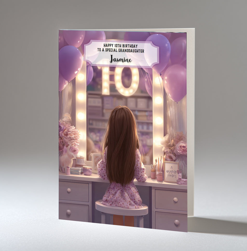 10th Birthday Card Girl, Granddaughter, Daughter, Niece, Brown Hair A5 Size