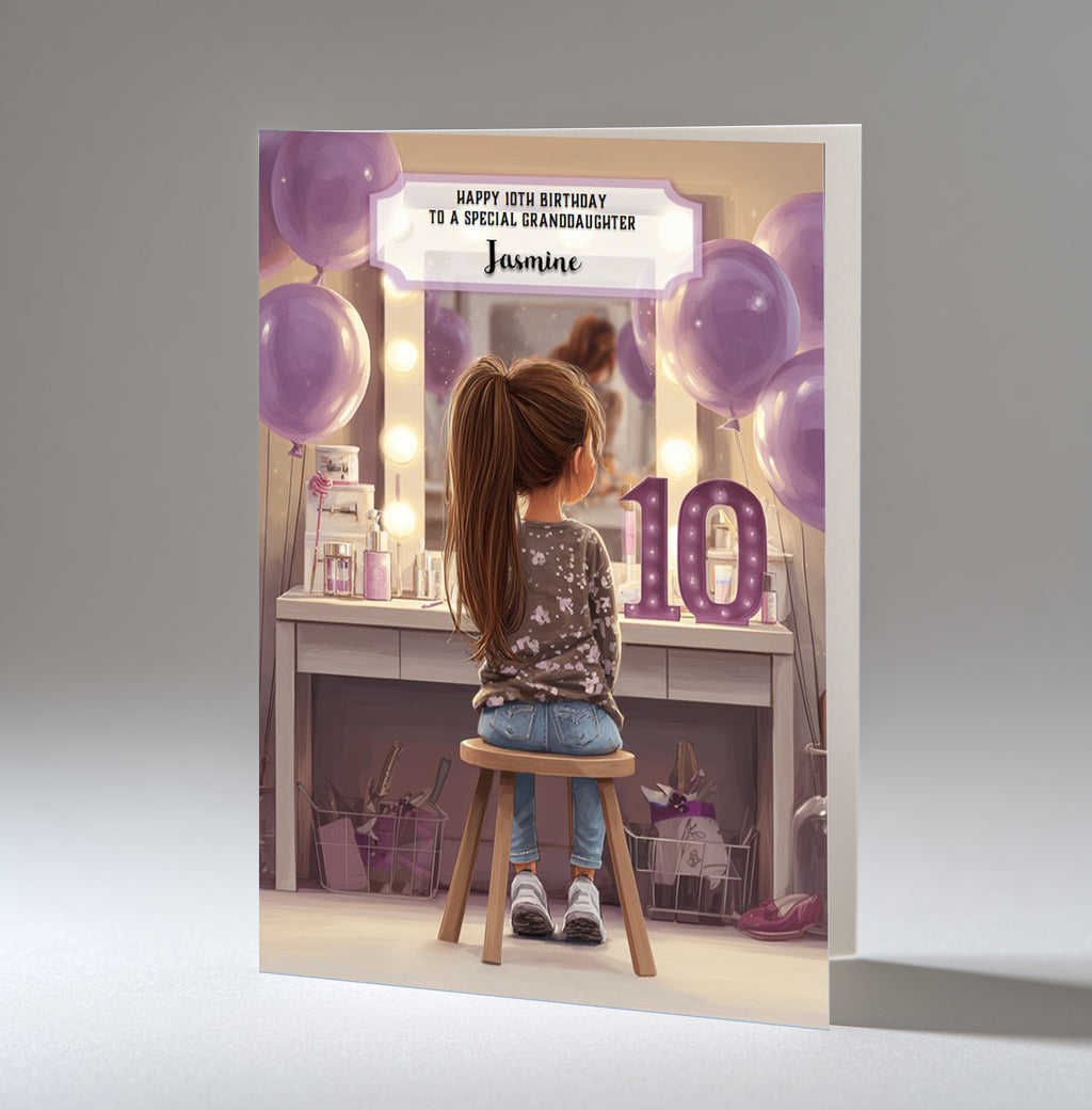 10th Birthday Card For Girls, Daughter, Granddaughter, Niece, Brown Hair, A5 Size,