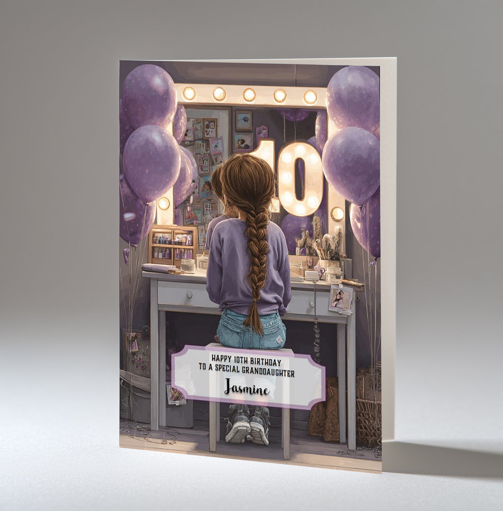 10th Birthday Card Girl, Granddaughter, Daughter, Niece, Brown Hair A5 Size