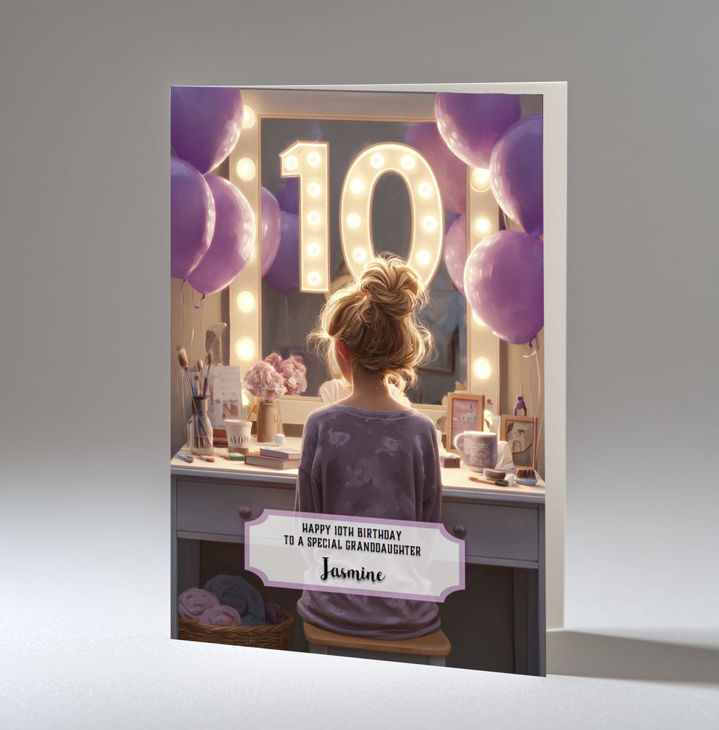 10th Birthday Card For Girls, Granddaughter, Niece, Daughter, Friend, Teenager, Personalised, Dressing Table, Blonde Hair, A5 in size,