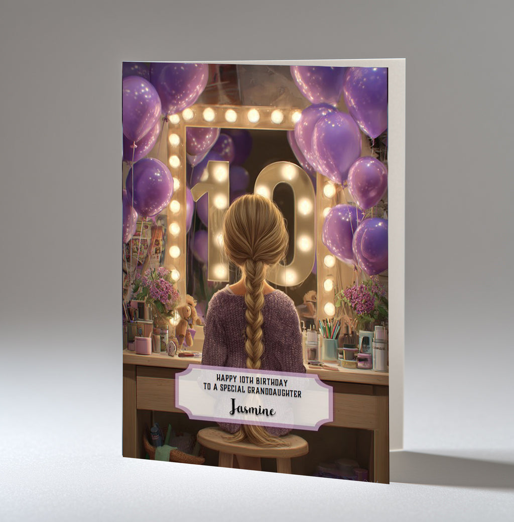 10th Birthday Card For Girls, Granddaughter, Niece, Daughter, Friend, Teenager, Personalised, Dressing Table, Blonde Hair, A5 in size,
