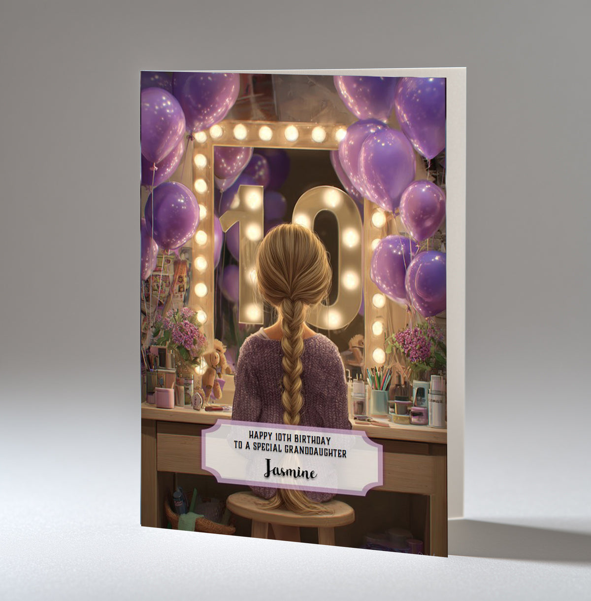 10th Birthday Card For Girls, Granddaughter, Niece, Daughter, Friend, Teenager, Personalised, Dressing Table, Blonde Hair, A5 in size,