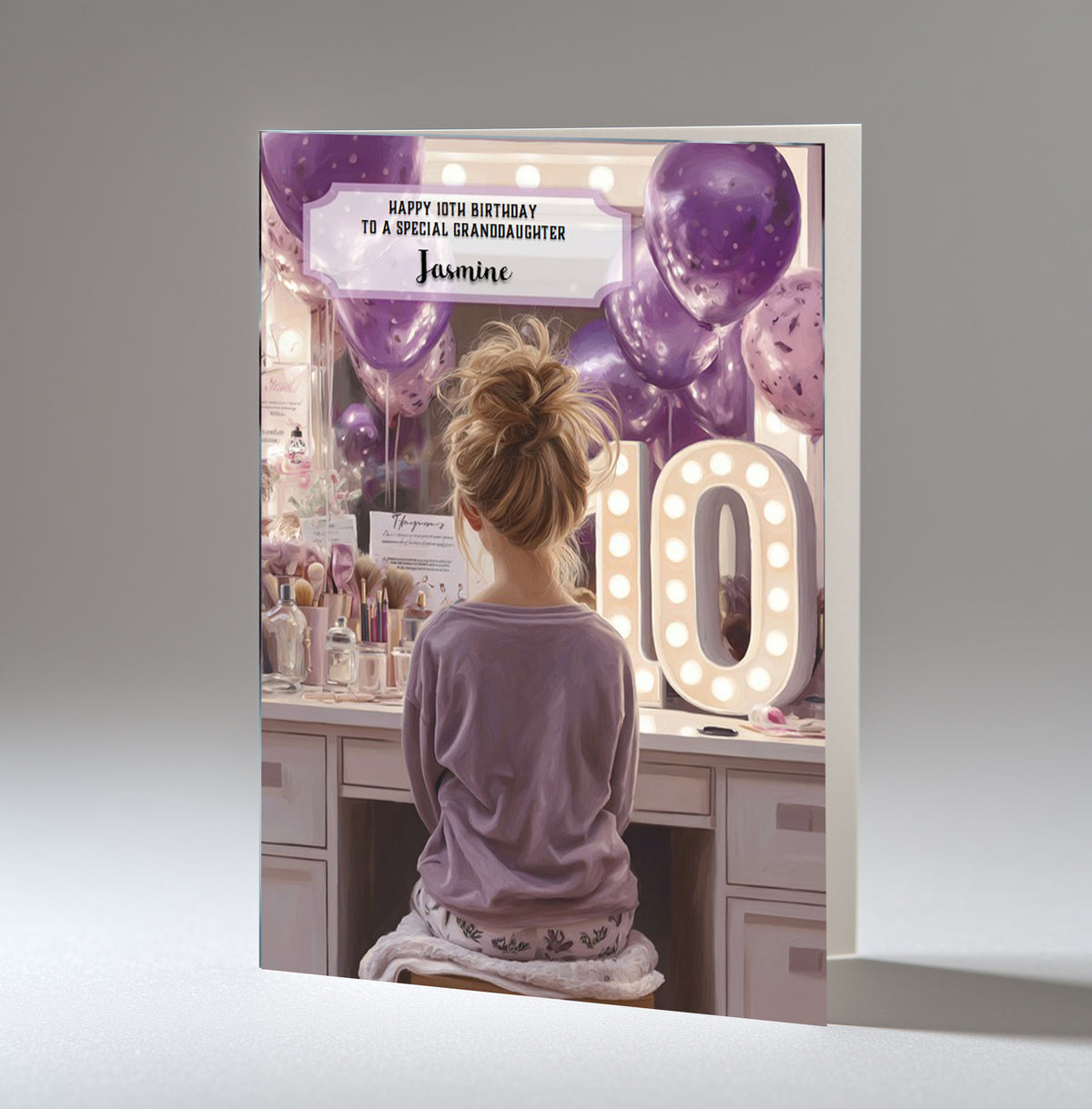 10th Birthday Card For Girls, Granddaughter, Niece, Daughter, Friend, Teenager, Personalised, Dressing Table, Blonde Hair, A5 in size,