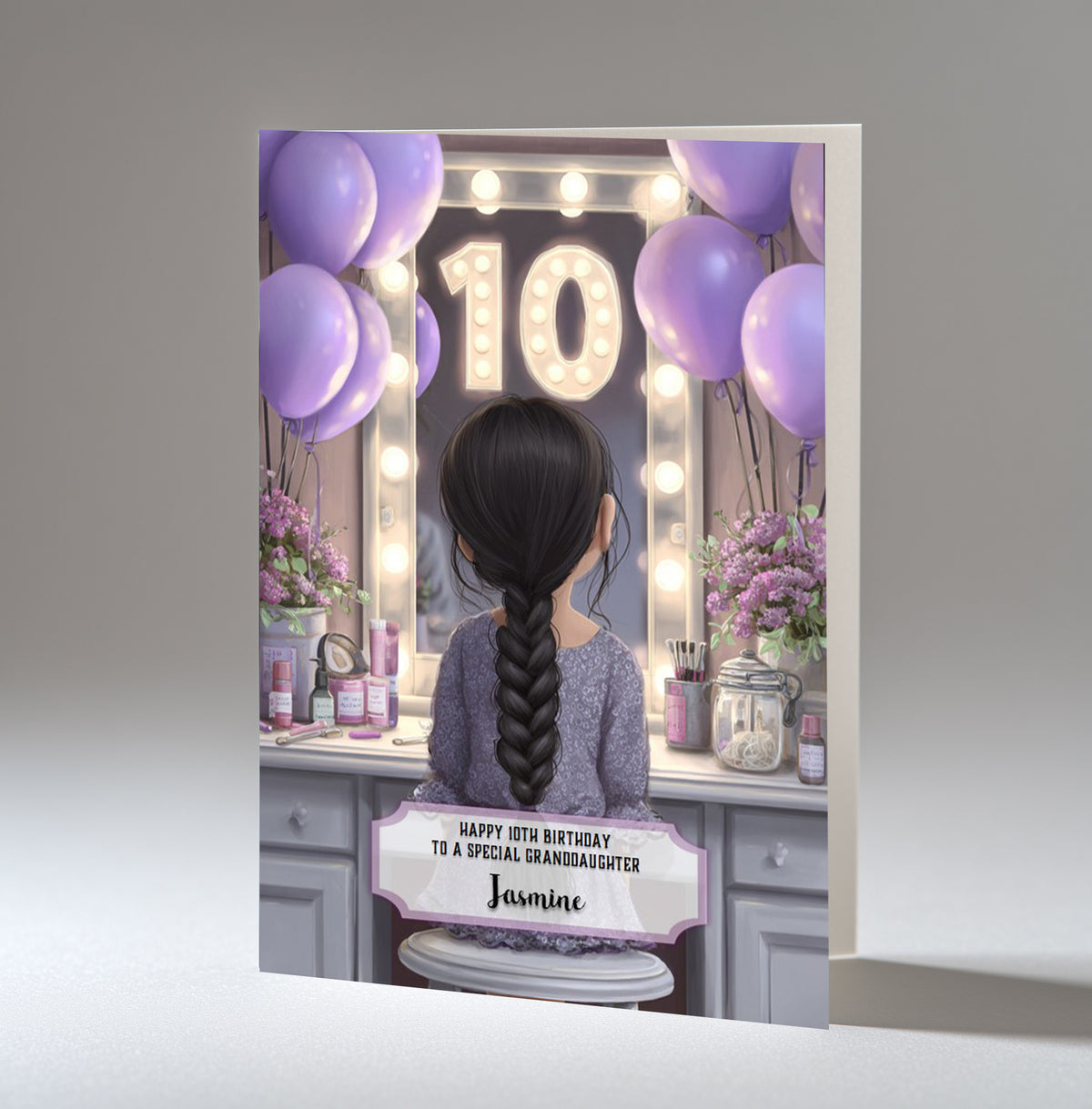 10th Birthday Card For Girls, Granddaughter, Niece, Daughter, Friend, Teenager, Personalised, Dressing Table, Black Hair, A5 in size,