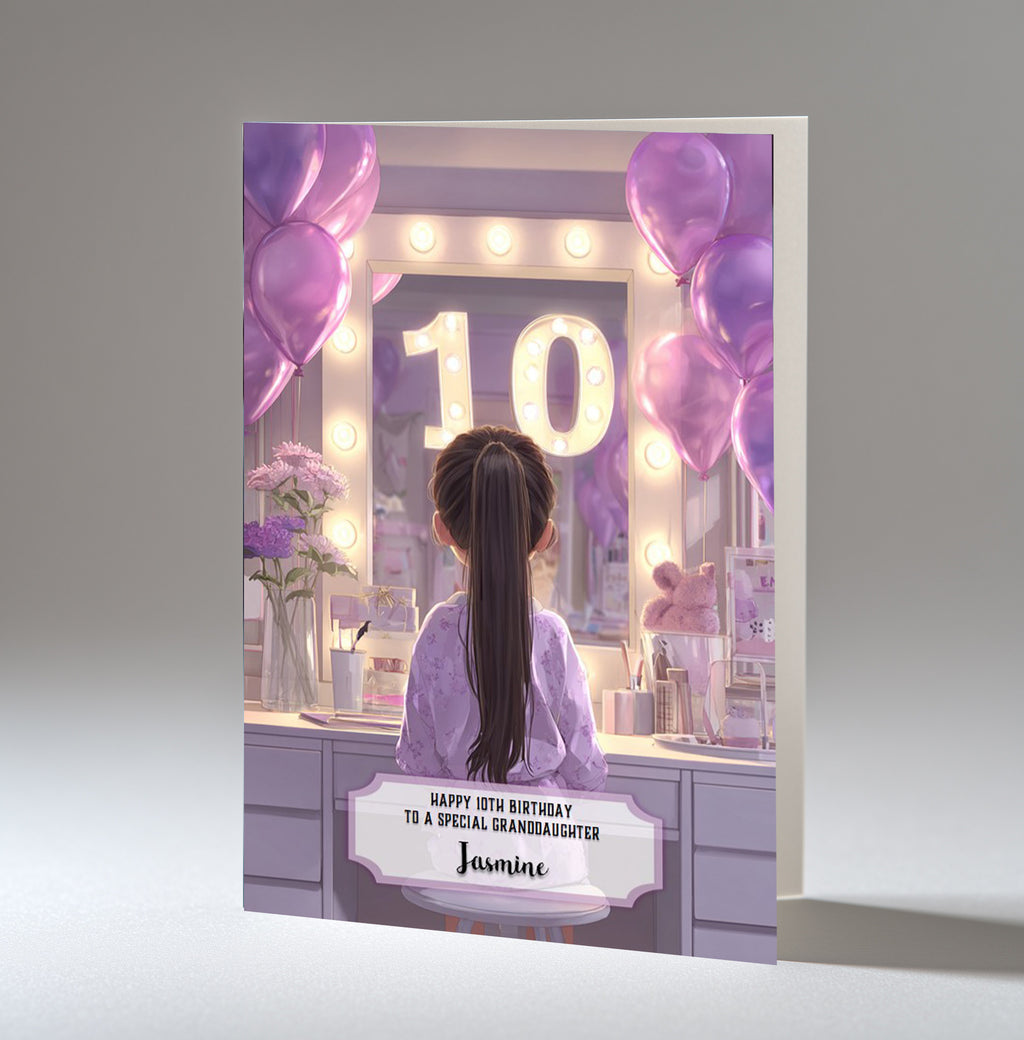 10th Birthday Card Girl, Granddaughter, Daughter, Niece, Black Hair A5 Size