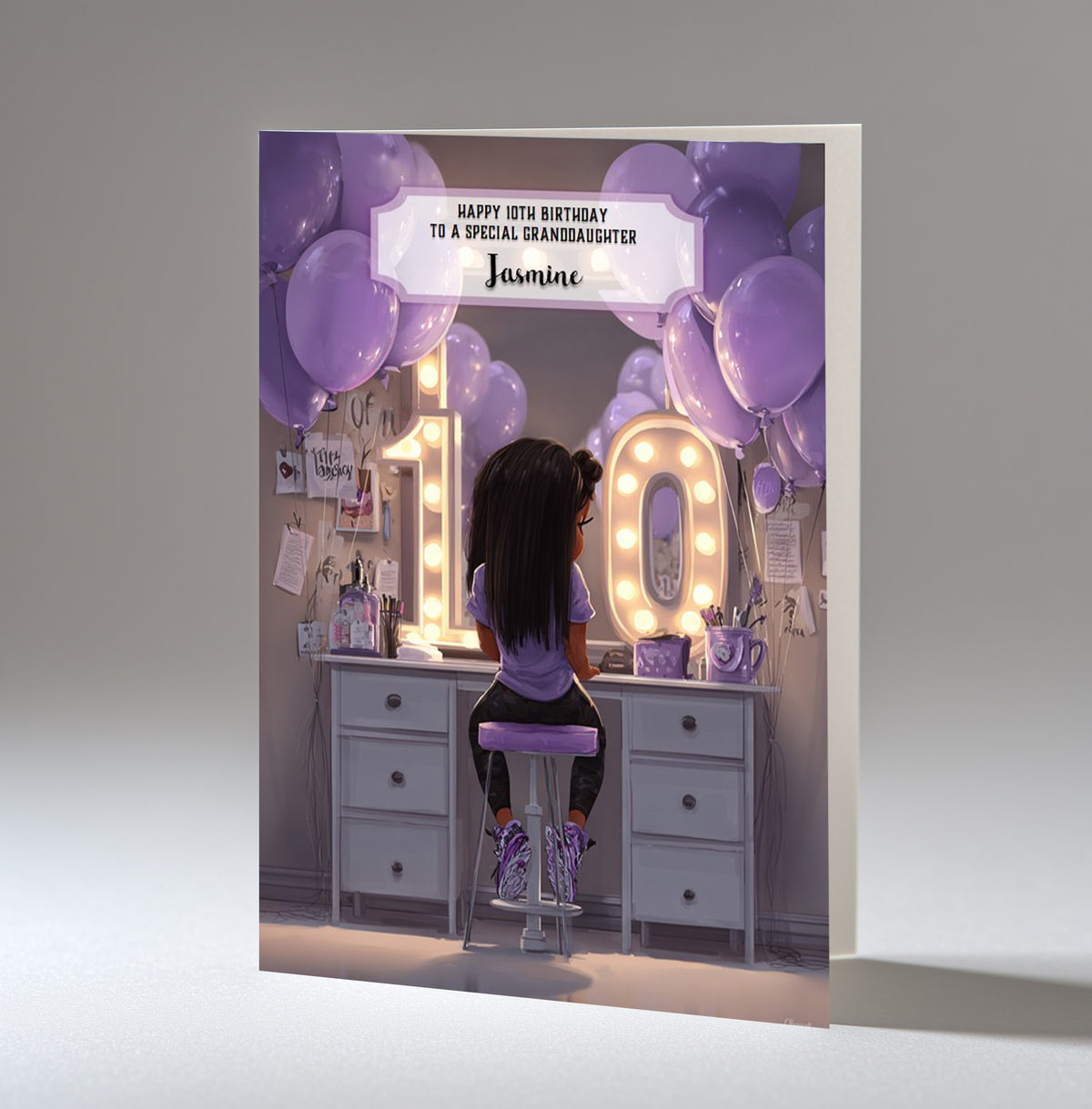 10th Birthday Card For Girls, Granddaughter, Niece, Daughter, Friend, Teenager, Personalised, Dressing Table, Black Hair, A5 in size,