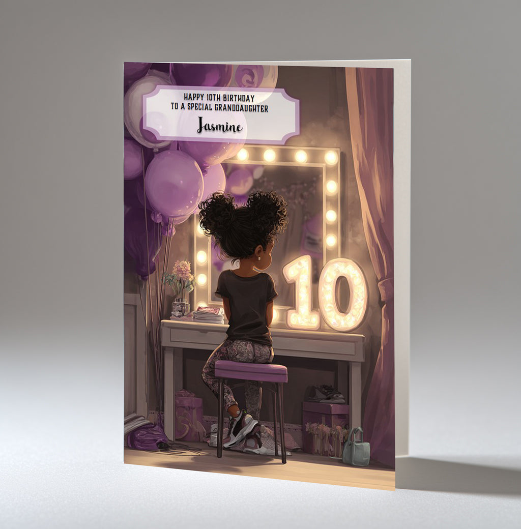 10th Birthday Card For Girls, Daughter, Granddaughter, Niece, Black Hair, A5 Size,