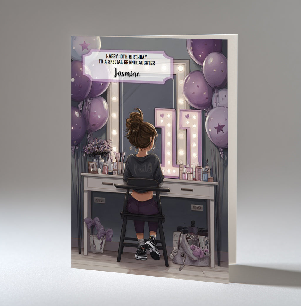 11th Birthday Card For Girls, Granddaughter, Niece, Daughter, Friend, Teenager, Personalised, Dressing Table, Brown Hair, A5 in size,