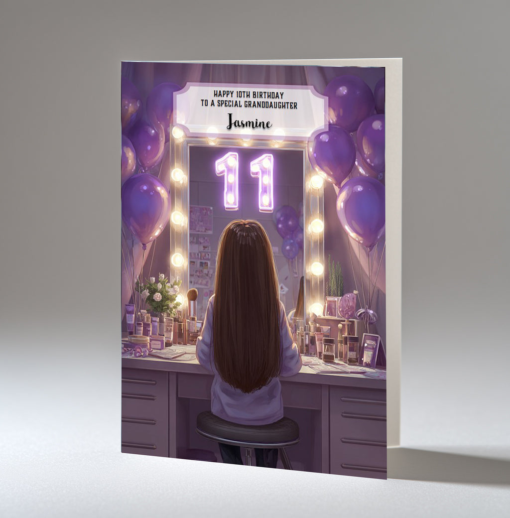 Personalised 11th Birthday Card - Girl at a Dressing Table with Number Lights